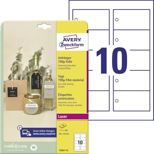 Avery-Zweckform Folienanhänger mit Öse und Fäden, 90x50mm, wetterfest, weiß, 10 Blatt (100 Stück)