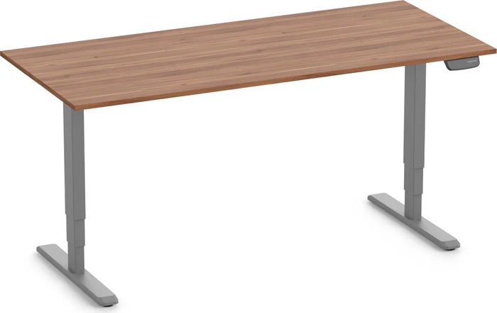 Ergolutions Primus elektrisch höhenverstellbarer Sitz-Steh-Schreibtisch 180x80cm Nussbaum/grau