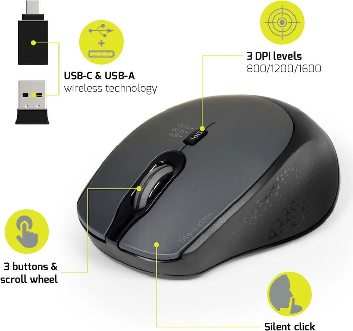 Port Designs Wireless Silent Pro Mouse schwarz, USB