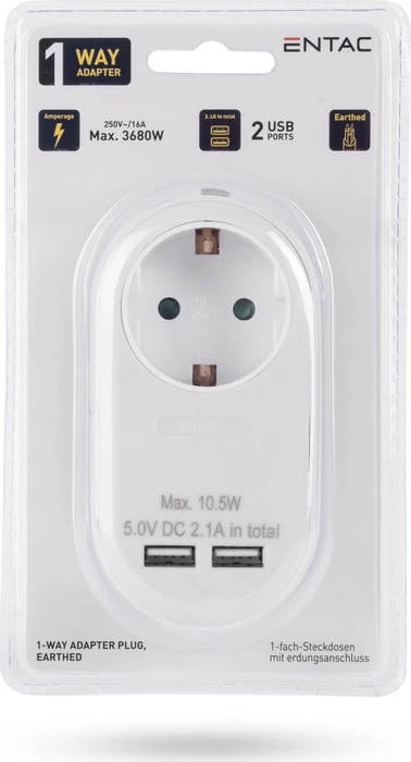 Entac Steckdosenadapter mit 2x USB-A, 1-fach, White