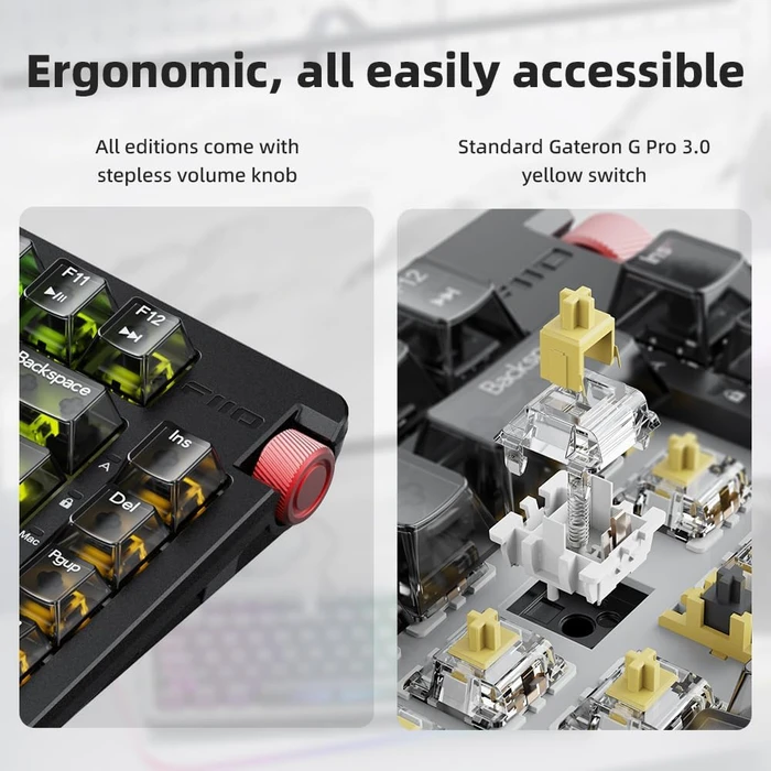 FiiO KB3 HiFi Tastatur mit integriertem Kopfhörerverstärker, schwarz/transluzent, Gateron G Pro 3.0 YELLOW, USB, US