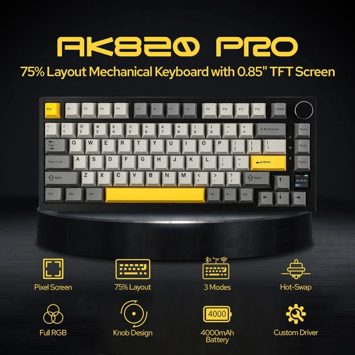 Ajazz AK820 Pro Wireless, Grey, LEDs RGB, hot-swap, Ajazz Flying Fish, USB/Bluetooth, US