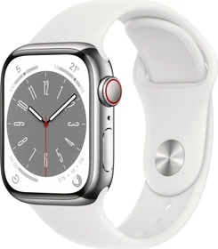 Apple Watch Series 8 (GPS + Cellular) 41mm Edelstahl silber mit Sportarmband weiß