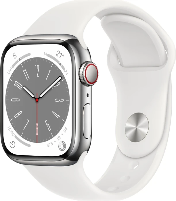 Apple Watch Series 8 (GPS + Cellular) 41mm Edelstahl silber mit Sportarmband weiß