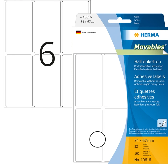 Herma Etiketten, 34x67mm, ablösbar, weiß, matt, 32 Blatt (512 Etiketten)