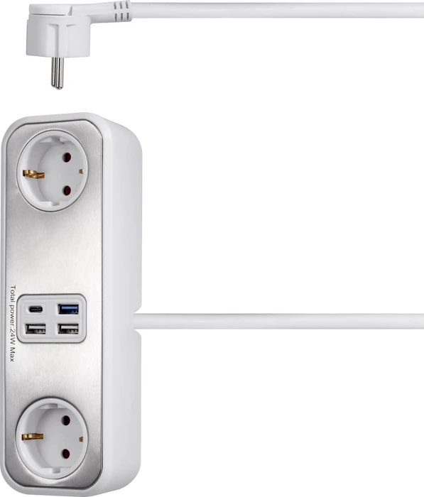 Sygonix Steckdosenleiste, 2-fach, 4x USB, 1.4m, weiß/silber