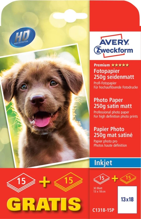 Avery-Zweckform Premium Inkjet Fotopapier seidenmatt weiß, 13x18cm, 250g/m², 30 Blatt