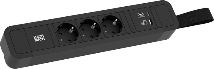 Bachmann Primo 2, 3-fach, mit Schlaufe, 1x USB-A/1x USB-C, 2m, schwarz