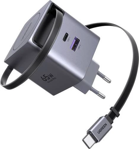 Ugreen X615 65W Ladegerät mit ausziehbarem USB-C-Kabel schwarz/silber