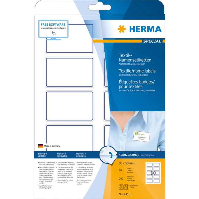 Herma Namensetiketten Acetatseide, 80x50mm, ablösbar, weiß/blau, 20 Blatt (200 Etiketten)