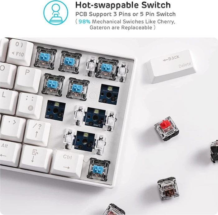 RK Royal Kludge RK61 60% Wireless, weiß, LEDs blau, hot-swap, RK BLUE, USB/Bluetooth, US
