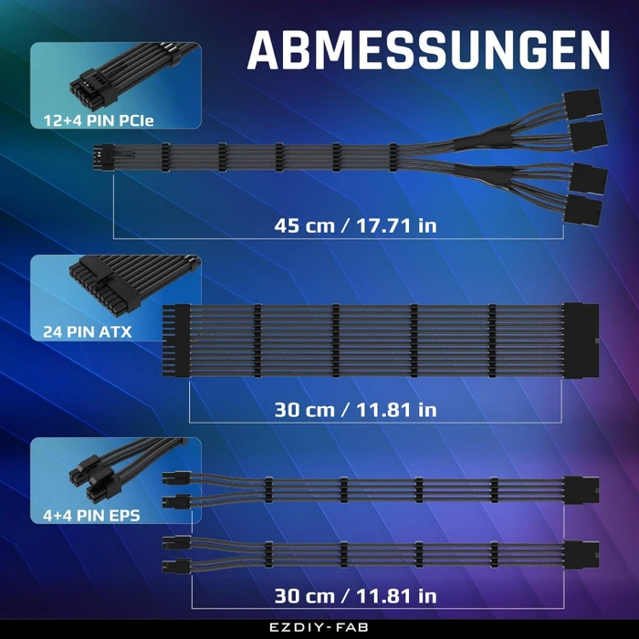 EZDIY-FAB 12VHPWR Cable Kit, 1x 24-Pin, 2x 4/8-Pin ATX, 1x 12VHPWR/4x 8-Pin PCIe, 16AWG, schwarz
