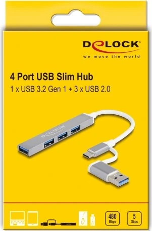 DeLOCK 4-Port USB-Hub, 3x USB-A 2.0, 1x USB-A 3.0, USB-A/USB-C 3.0 [Stecker]