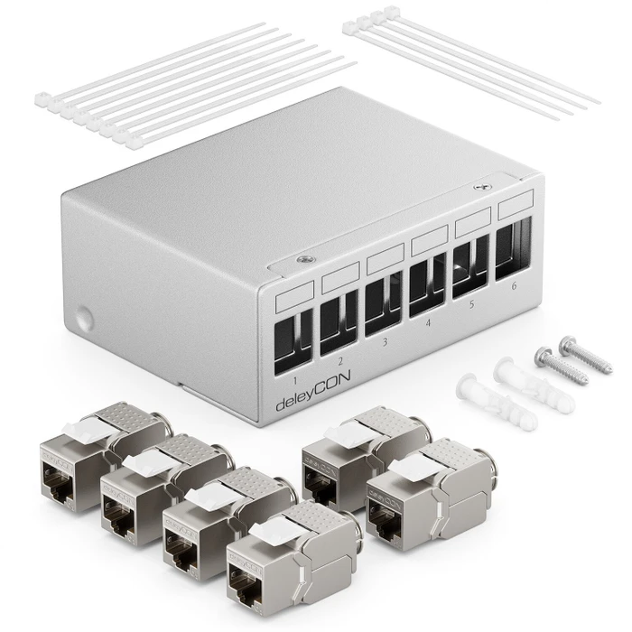 deleyCON Patchpanel Gehäuse für Keystone Module, 1HE, inkl. RJ-45 Cat6a Module, 6-Port, 1HE