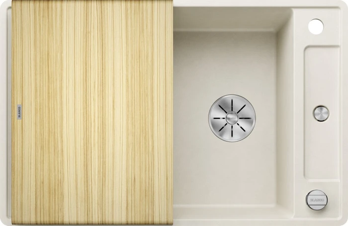 Blanco Axia III 45 S-F InFino Becken reversibel mit Ablauffernbedienung softweiß inkl. Holzschneidebrett