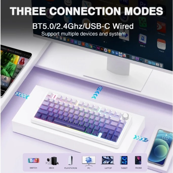 Aula F75 Pro, Gradient Purple, LEDs RGB, hot-swap, LEOBOG Seiya Star Vector, USB/Bluetooth, US