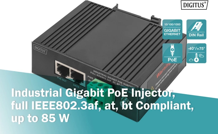 Digitus Industrial Railmount Gigabit PoE-Injektor, 2x RJ-45, 85W PoE++