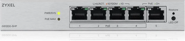 Zyxel GS1200 Desktop Gigabit Smart Switch, 5x RJ-45, 68W PoE+
