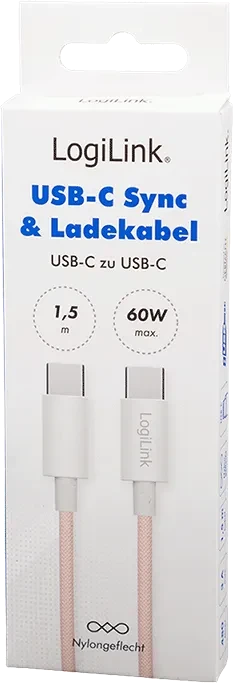 LogiLink USB-C Kabel, USB 2.0, 480Mb/s, 60W PD, USB-C Stecker auf USB-C Stecker, Nylon, pink, 1m