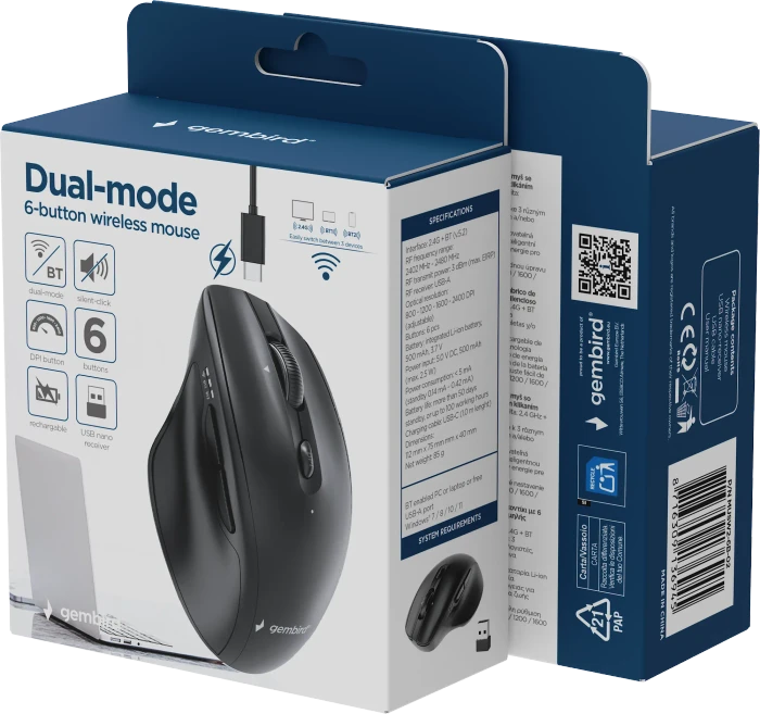 Gembird Dual-Mode 6-Button Wireless Mouse schwarz, USB/Bluetooth