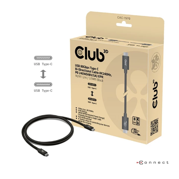 Club 3D USB-C Kabel, USB4 Gen4x2, 80Gb/s, 8K240Hz, 240W PD EPR, USB-C Stecker auf USB-C Stecker, 1.2m, schwarz