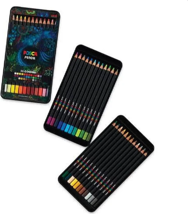 Uni-Ball POSCA Pencil KPE-200 Wachsmalstift sortiert, Metalletui, 36er-Set