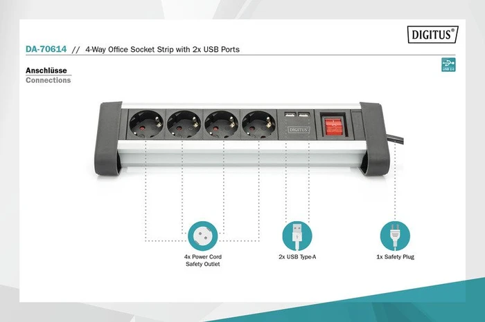 Digitus Office Tisch-Steckdosenleiste, 4-fach, 2x USB-A, 1.5m