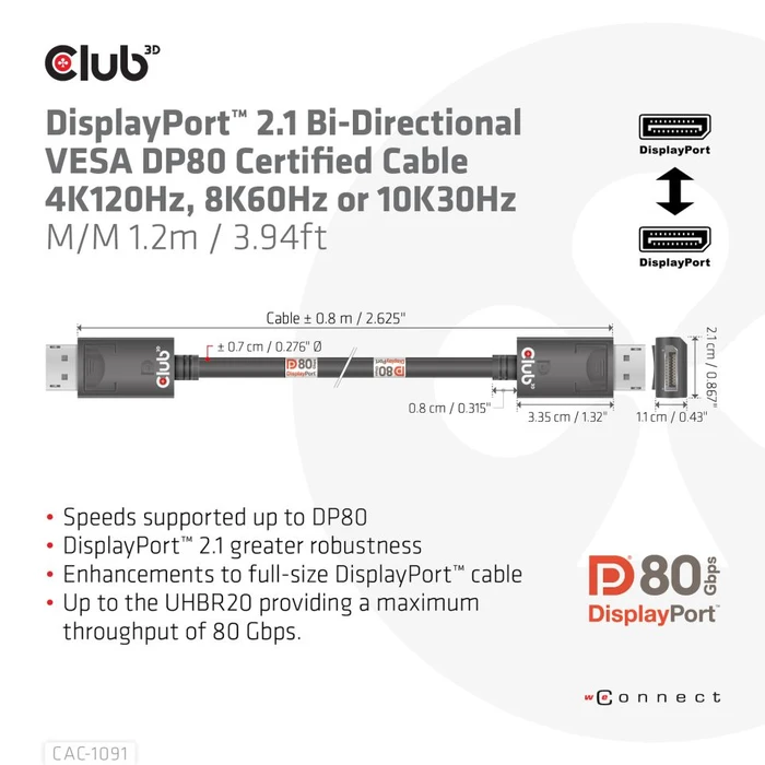 Club 3D DisplayPort 2.1 Kabel DP80 schwarz, 1.20m