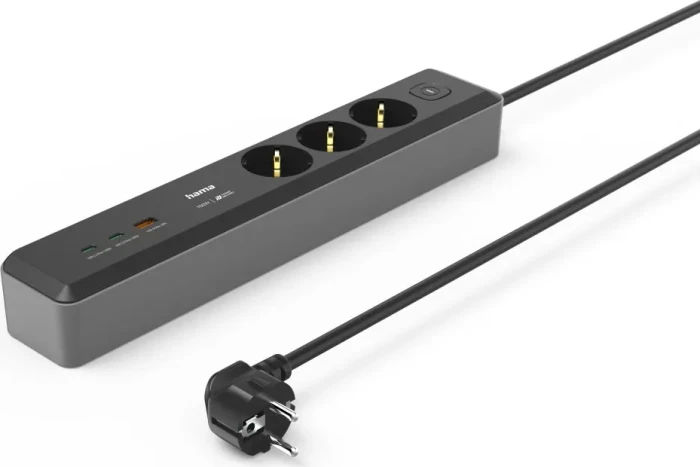 Hama Steckdosenleiste mit Schalter, 3-fach, 1x USB-A/2x USB-C 65W USB-PD, 1.4m, schwarz/grau