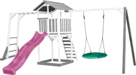 Axi Spielturm Beach Tower mit Klettergerüst, Rutsche und Nestschaukel weiß/grau/violett