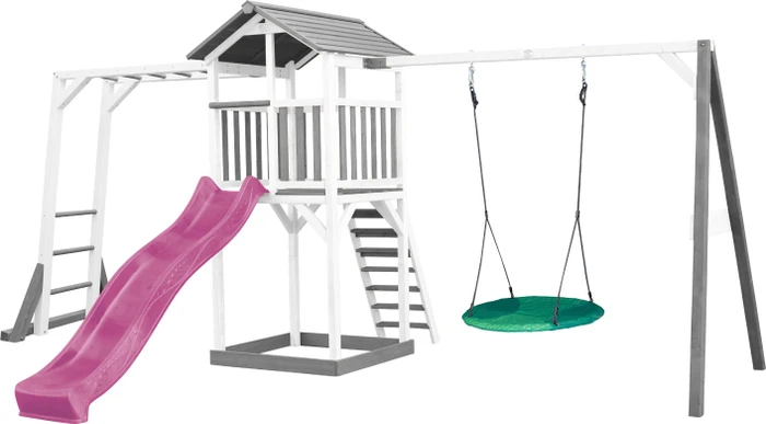 Axi Spielturm Beach Tower mit Klettergerüst, Rutsche und Nestschaukel weiß/grau/violett