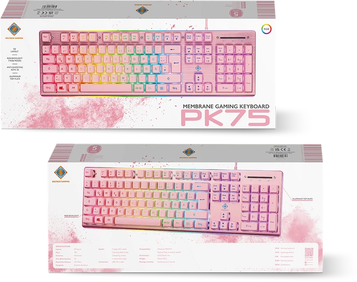 Deltaco Gaming PK75 RGB, rosa, USB, DE