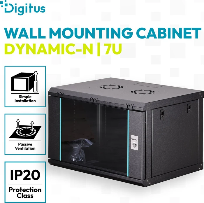 Digitus Dynamic-N Serie 19" Wandgehäuse 7HE, unmontiert, Sicherheitsglastür, IP2X, RAL 9005, 450mm tief