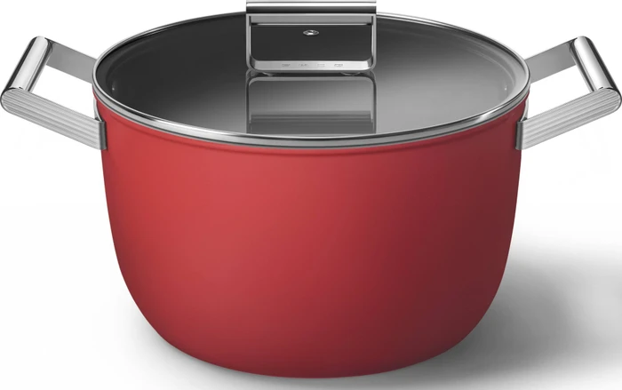 Smeg CKFC2611RDM Schmortopf Ø 26 cm mit Glasdeckel, 2 Griffe, rot (Bräter + Schmortopf, Aluminium, Edelstahl, 26 x 17.40 cm) (CKFC2611RDM)