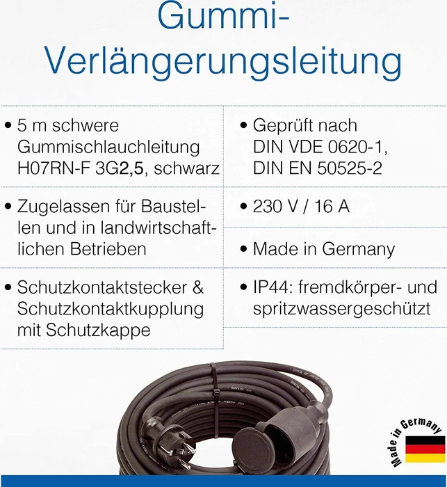 as-Schwabe Gummi Verlängerungskabel IP44 schwarz, H07RN-F 3G2.5, 5m