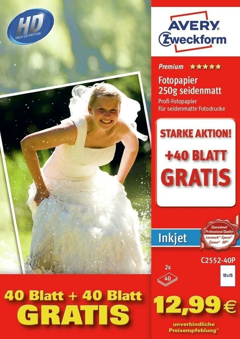 Avery-Zweckform Premium Inkjet Fotopapier seidenmatt weiß, 10x15cm, 250g/m², 80 Blatt