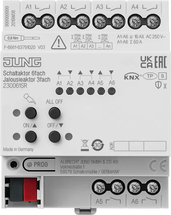 Jung KNX Schaltaktor 6-fach/Jalousieaktor 3-fach, 4TE REG, Schaltaktor
