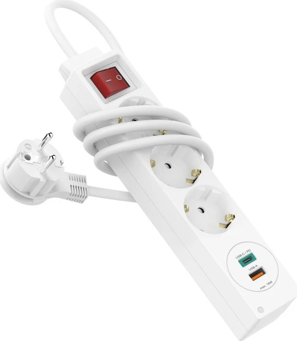 Hama Steckdosenleiste mit Schalter und Winkel-Flachstecker, 3-fach, 1x USB-A/1x USB-C 18W USB-PD, 1.4m, weiß