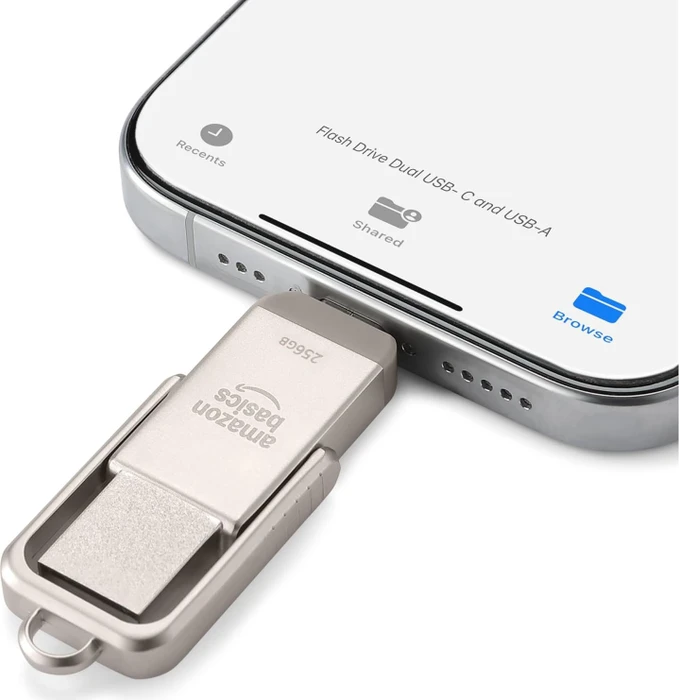 AmazonBasics Dual Thumb Drive Memory Stick 256GB Champagner-Silber, USB-A + USB-C, USB 3.2 Gen 1×1