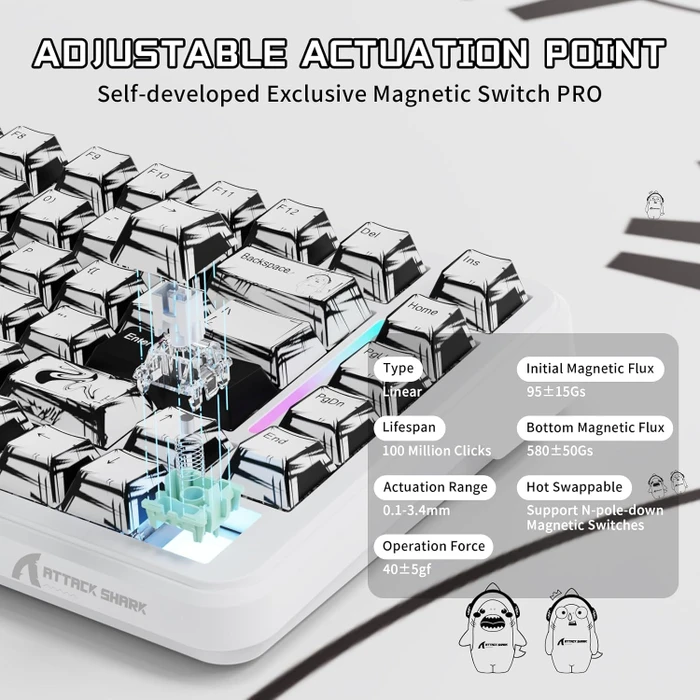Attack Shark X82PRO HE Magnetic 75%, Comic, LEDs RGB, Outemu White Jade Magnetic, USB/Bluetooth, US