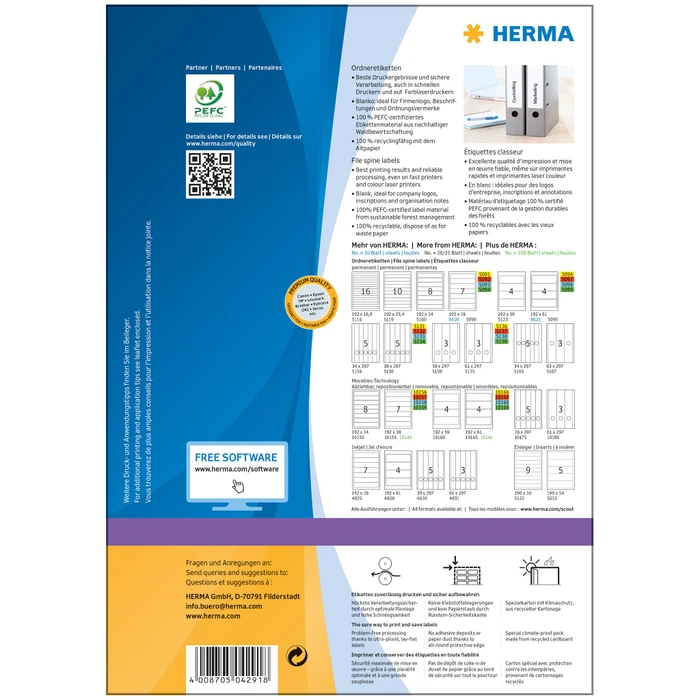 Herma Ordneretiketten, 59x192mm, weiß, matt, 100 Blatt (400 Etiketten)