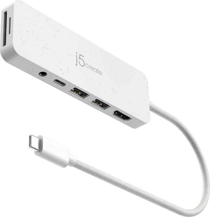 j5create Eco-Friendly 7-in1 USB-C Multi-Port Hub with Power Delivery weiß, USB-C 3.0 [Stecker]