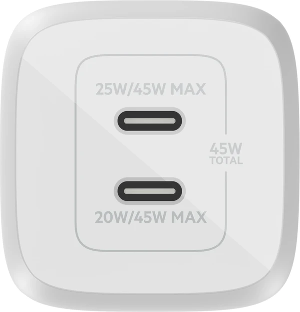 Belkin BoostCharge Pro USB-C-GaN-Ladegerät mit zwei Anschlüssen und PPS (45W) weiß