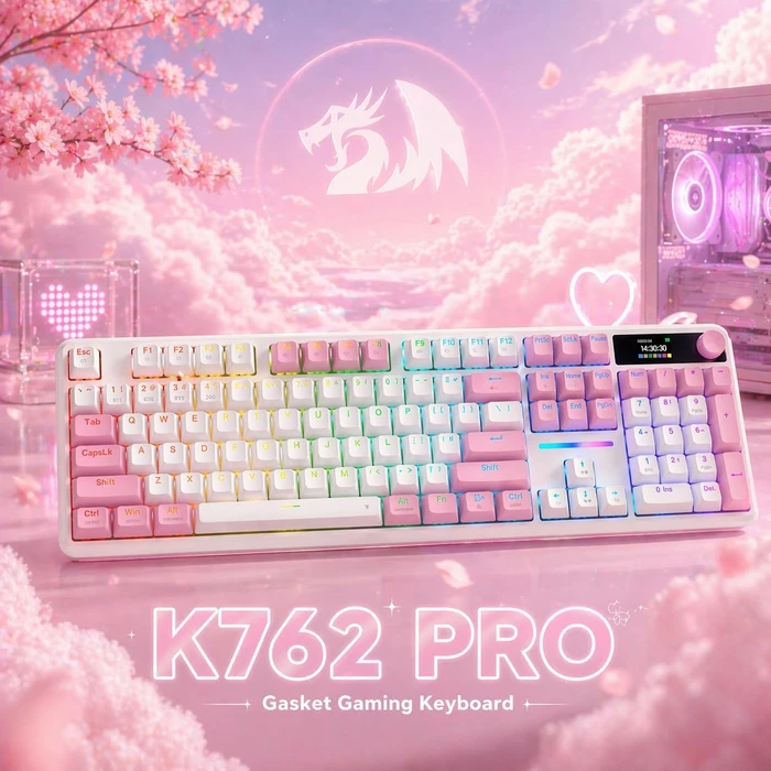 Redragon Terraflare K762 Pro Wireless, White & Pink, LEDs RGB, Mint Mambo, USB/Bluetooth, US