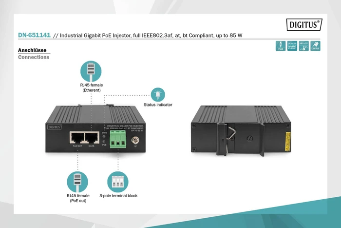 Digitus Industrial Railmount Gigabit PoE-Injektor, 2x RJ-45, 85W PoE++