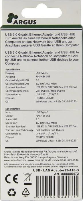 Inter-Tech Argus IT-410-S silber, RJ-45, USB-C 3.0 [Stecker]