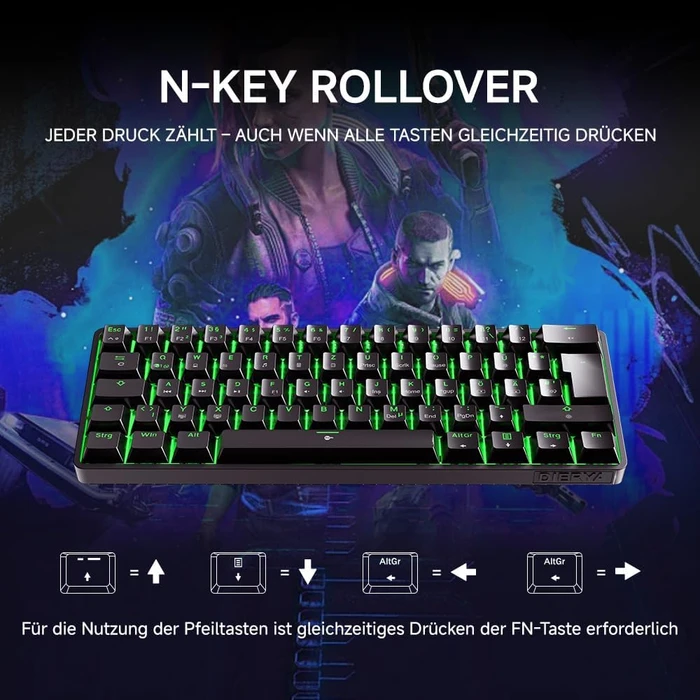 Dierya DK61SE, 60%, schwarz, LEDs grün, BLUE Switches, USB, DE