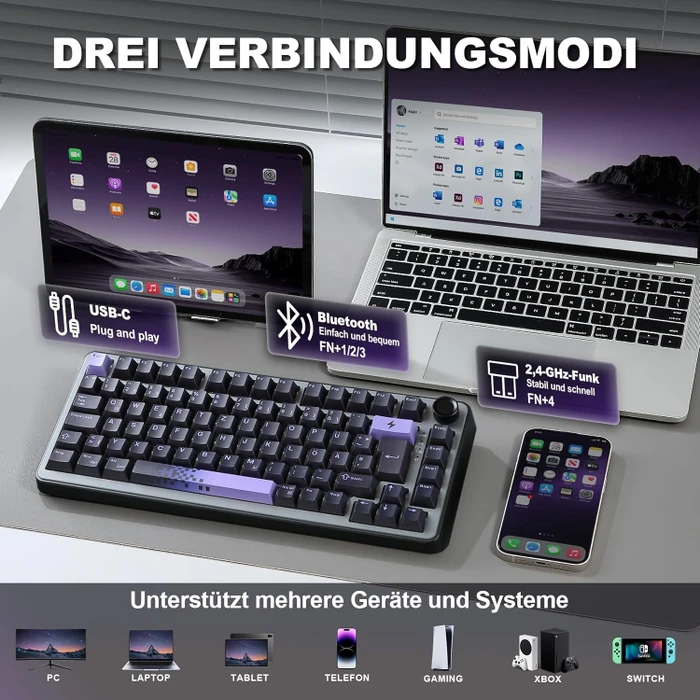 Yunzii B75 Pro, Black Purple, Milk Switch, USB/Bluetooth, DE