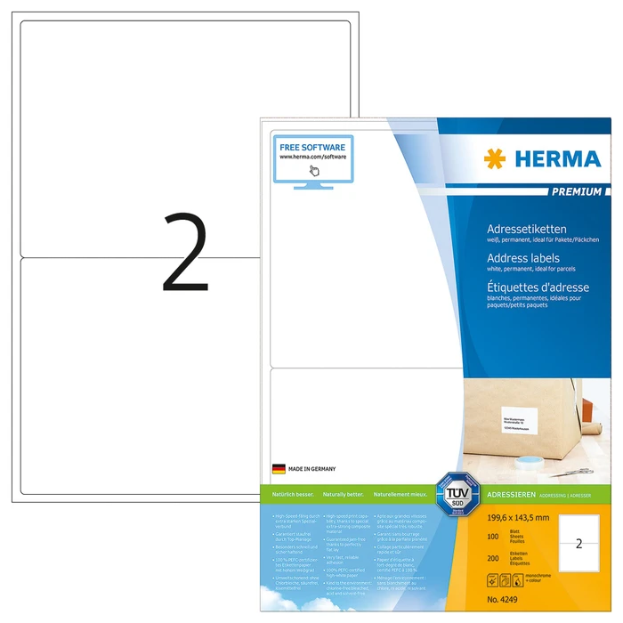 Herma Etiketten Premium, 199.6x143.5mm, weiß, matt, 100 Blatt (200 Etiketten)