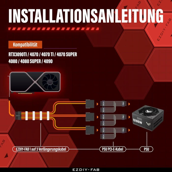 EZDIY-FAB 12VHPWR Kabel, 3x 8-Pin PCIe Buchse auf 16-Pin PCIe 5.0 12VHPWR Stecker, Adapterkabel, 16AWG, rot/gelb, 35cm